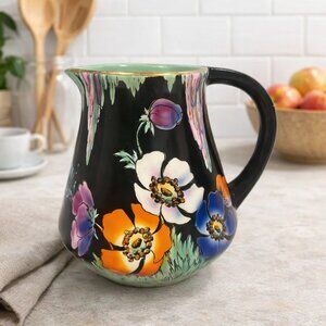 Vintage FALCON WARE "The Dell" Floral Art Deco Pitcher Black Green Hand Painted